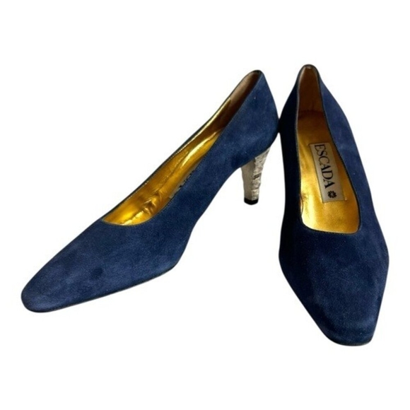 Vintage ESCADA Blue Suede Silver Heel Pumps Women’s Size 37 Italy 1990s - Picture 3 of 7